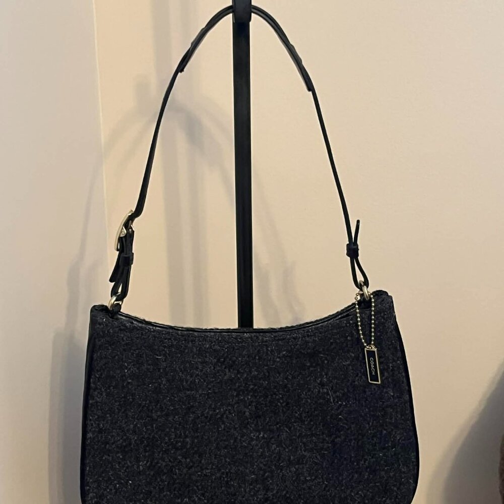 Vintage Coach Girlie Wool Hobo Bag 8308 Dark Grey Black Leather Trim